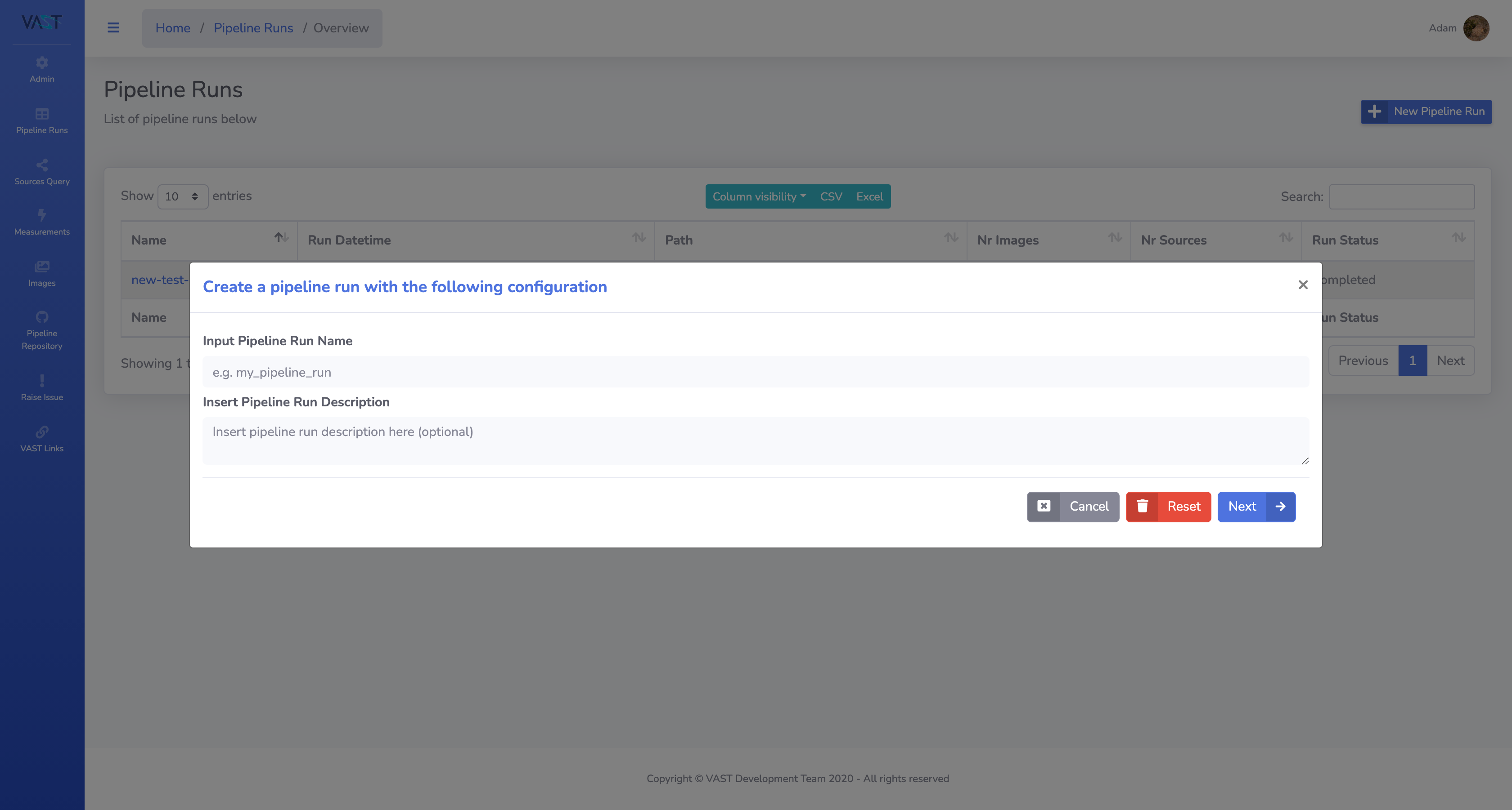 Pipeline run creation modal.